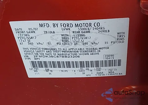 2007 Ford Edge Sel from USA, damaged, VIN 2FMDK38C87BB23206